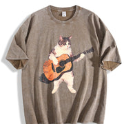 Guitar Cat Retro Music Cats Vintage Washed T-Shirt in Brown