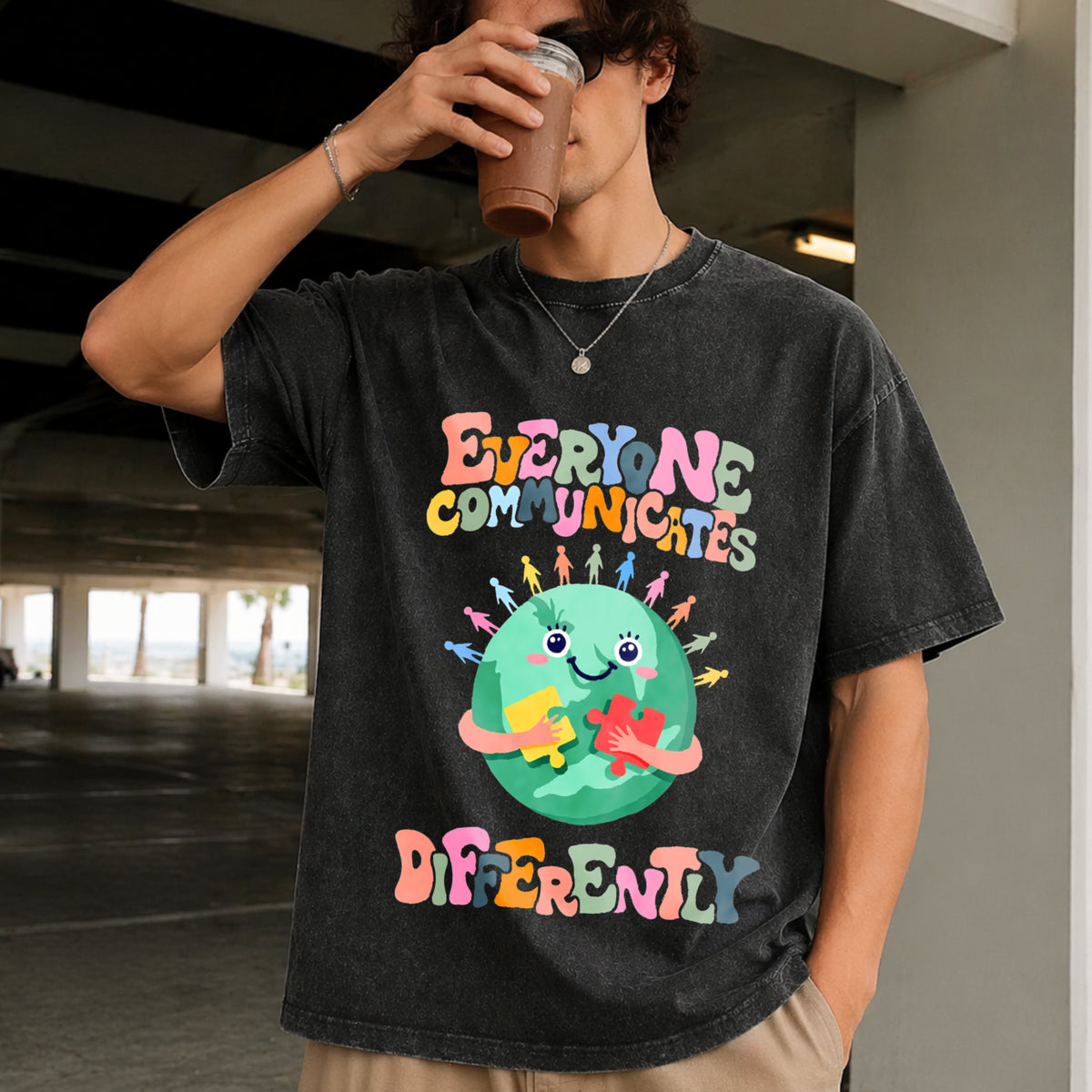Everyone Communicates Differently Vintage Washed T-Shirt in Black