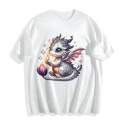 Silvery-gray Little Dragon with Exquisite Cotton T-Shirt in White
