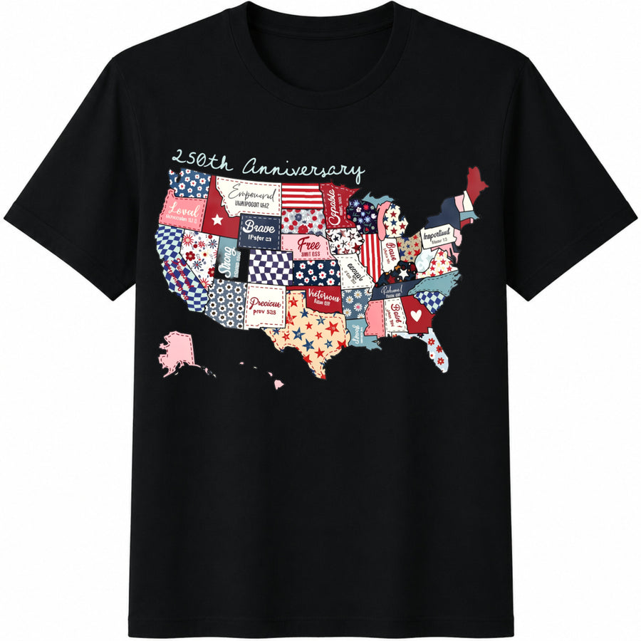 Preppy USA Map 250th Anniversary Cotton T-Shirt in Black