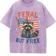 Retro Feral but Free Raccoon 4th of July 90s Vintage Washed T-Shirt in Purple