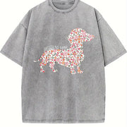 Floral Dachshund Wiener Dog Vintage Washed T-Shirt in Gray