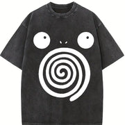 Spiral Big Eyes Cartoon Art - Wash Retro vintage washed oversized T-shirt in Black