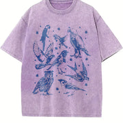Bird Tattoo 90s Retro Owl Parrot Sparrow Swallow Vintage Washed T-Shirt in Purple