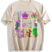 Mardi Gras Doodle Icons Vintage Washed T-Shirt in Beige