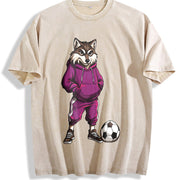 Wolf Soccer Player Vintage Washed T-Shirt in Beige