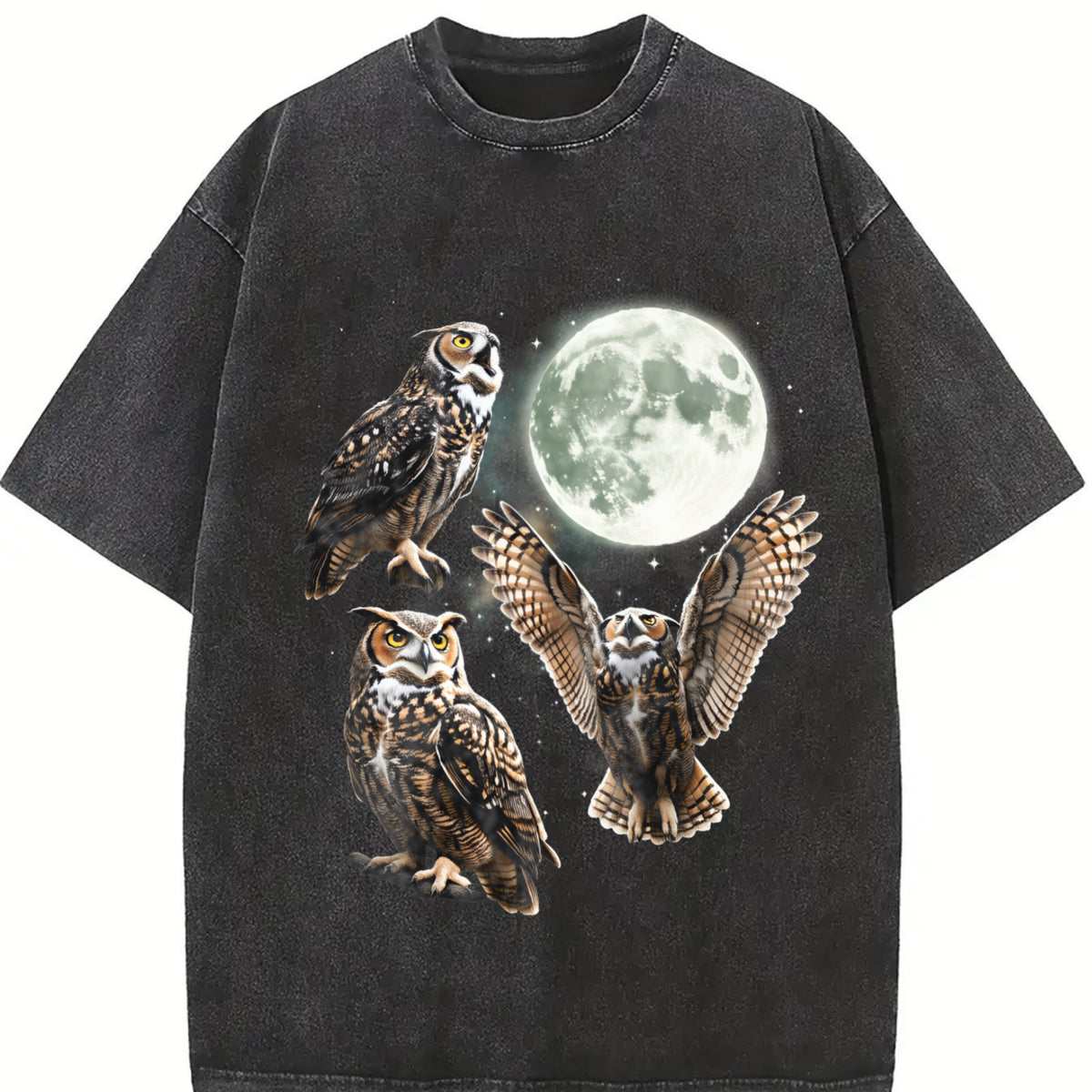 Owl Howling at Moon 90s Vintage Washed T-Shirt in Black