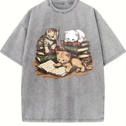 Kittens Reading Books Vintage Washed T-Shirt in Gray