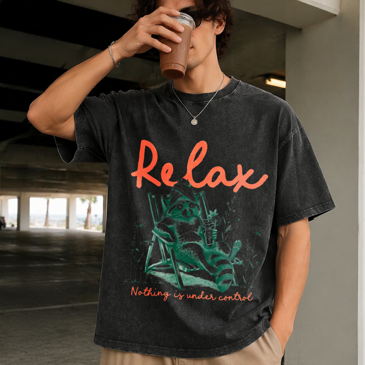 Chill Raccoon Relax Nothing Is Under Control Trash Panda Vintage Washed T-Shirt in Black