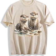 Two River Otters Wilderness 90s Vintage Washed T-Shirt in Beige