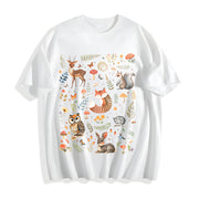 With Forest Animals and Flowers Cotton T-Shirt in White