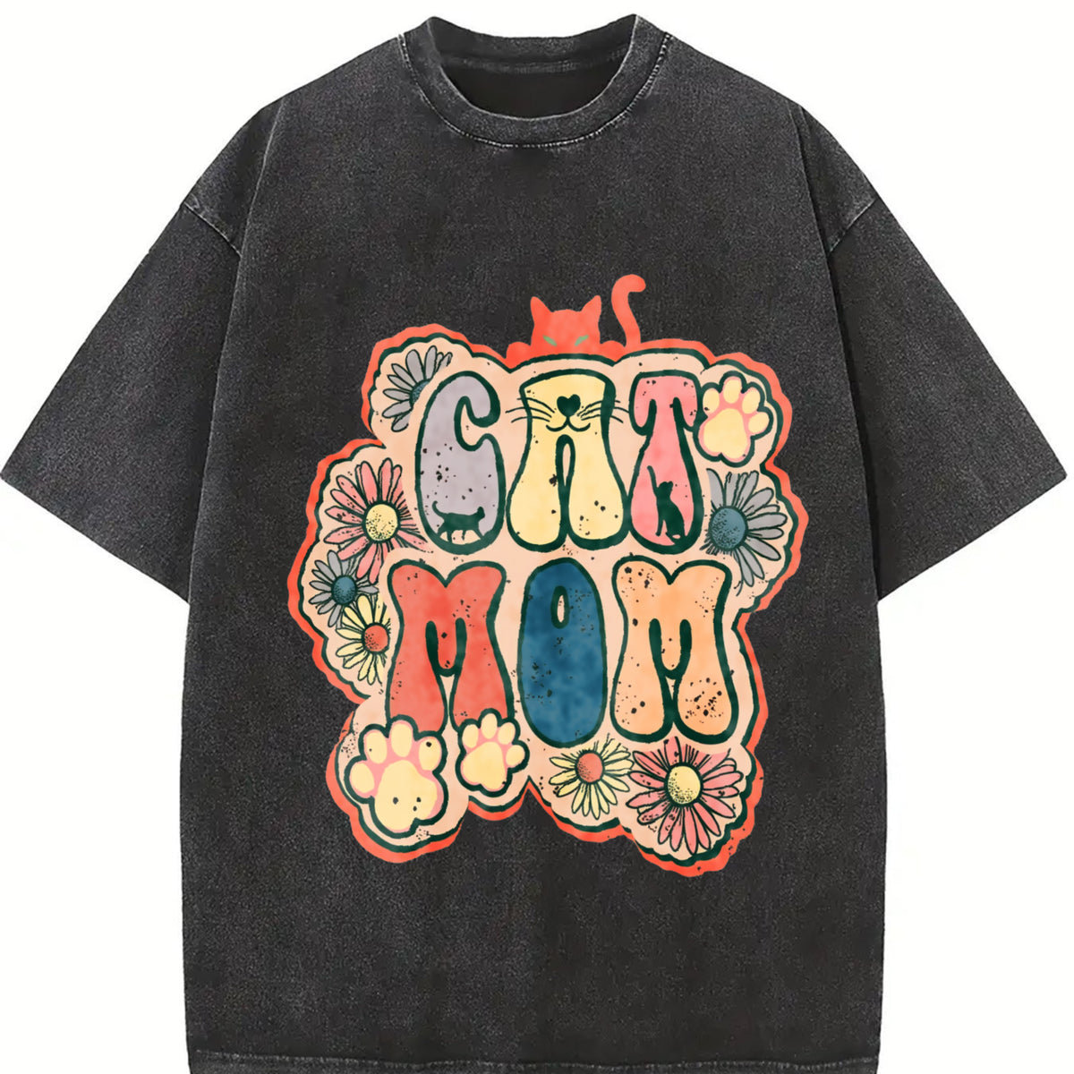 Cat Mom Retro Wax Retro Brand Vintage Washed T-Shirt in Black