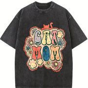 Cat Mom Retro Wax Retro Brand Vintage Washed T-Shirt in Black