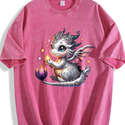Silvery-gray Little Dragon with Exquisite Vintage Washed T-Shirt in Red