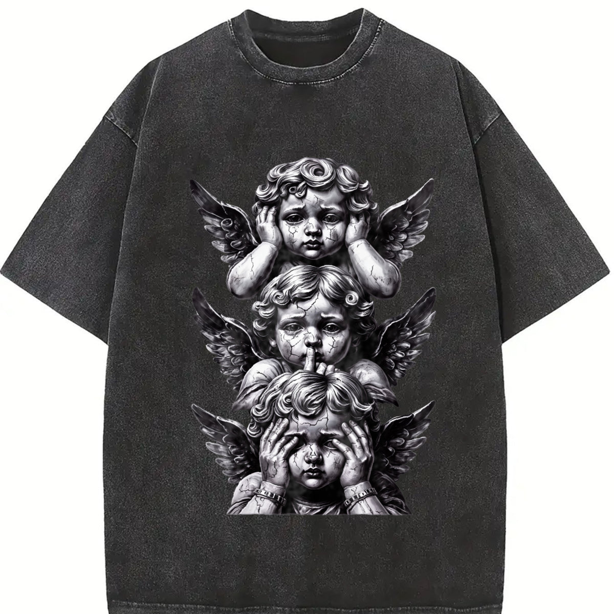 Gothic Three Wise Monkeys Angel Statue Sleeveless Tank Vintage Washed T-Shirt in Black