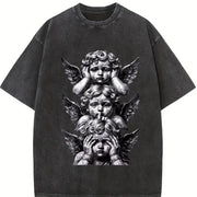 Gothic Three Wise Monkeys Angel Statue Sleeveless Tank Vintage Washed T-Shirt in Black