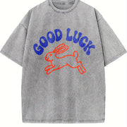 Retro Good Luck Rabbit Vintage Washed T-Shirt in Gray