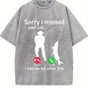 Fishing Phone Call with Fishing Line Vintage Washed T-Shirt in Gray