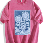 Sunflowers Retro Botanical Garden Vintage Washed T-Shirt in Red