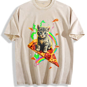 Cat Meme Pizza Galaxy Vintage Washed T-Shirt in Beige