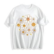 Retro Flowers Daisy Flower Cotton T-Shirt in White