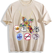 Jewel Cross & Cropped Vintage Washed T-Shirt in Beige