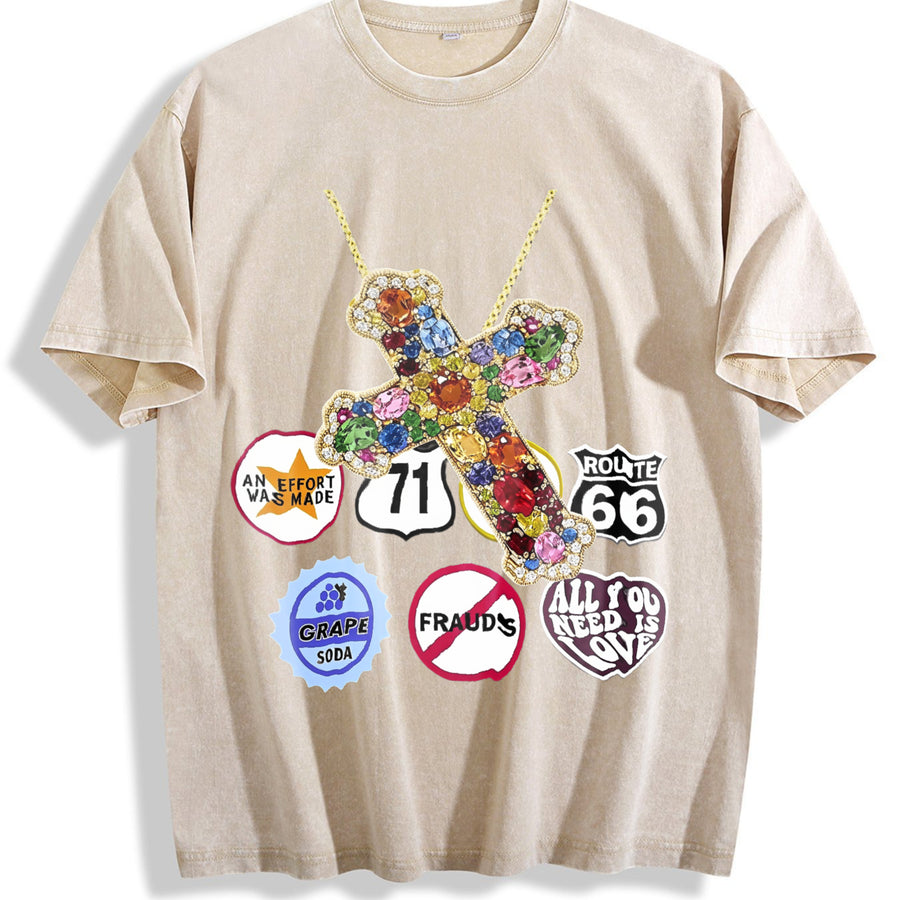 Jewel Cross & Cropped Vintage Washed T-Shirt in Beige