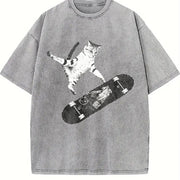 Skateboarding Cat Y2k Cat Vintage Washed T-Shirt in Gray