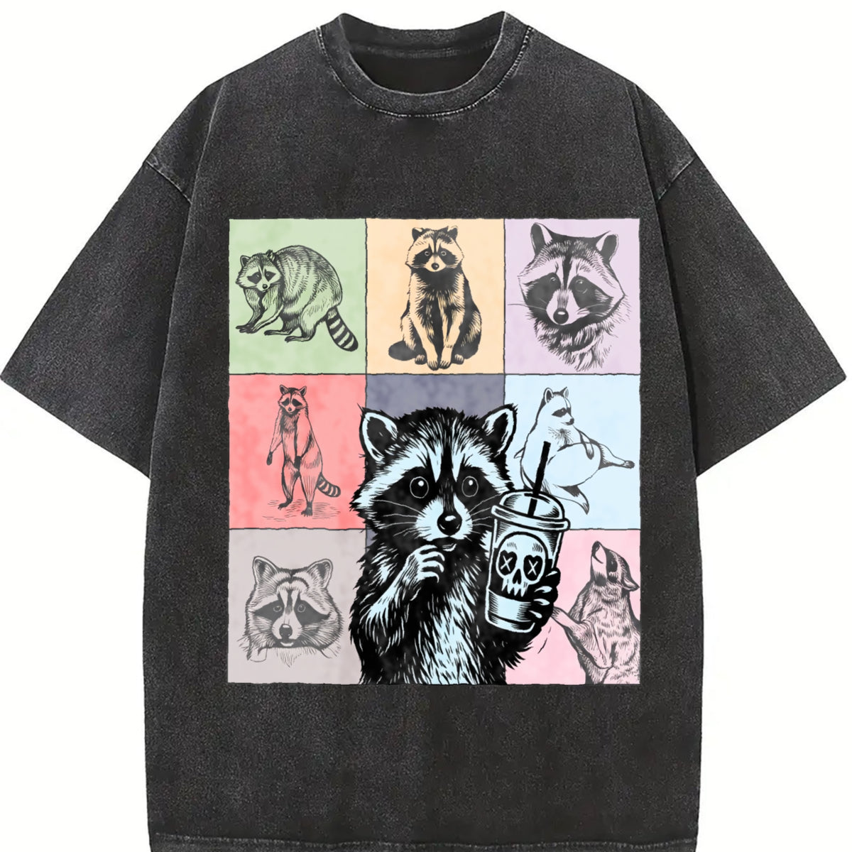 Retro Raccoon Drink Coffee Vintage Washed T-Shirt in Black
