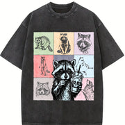 Retro Raccoon Drink Coffee Vintage Washed T-Shirt in Black