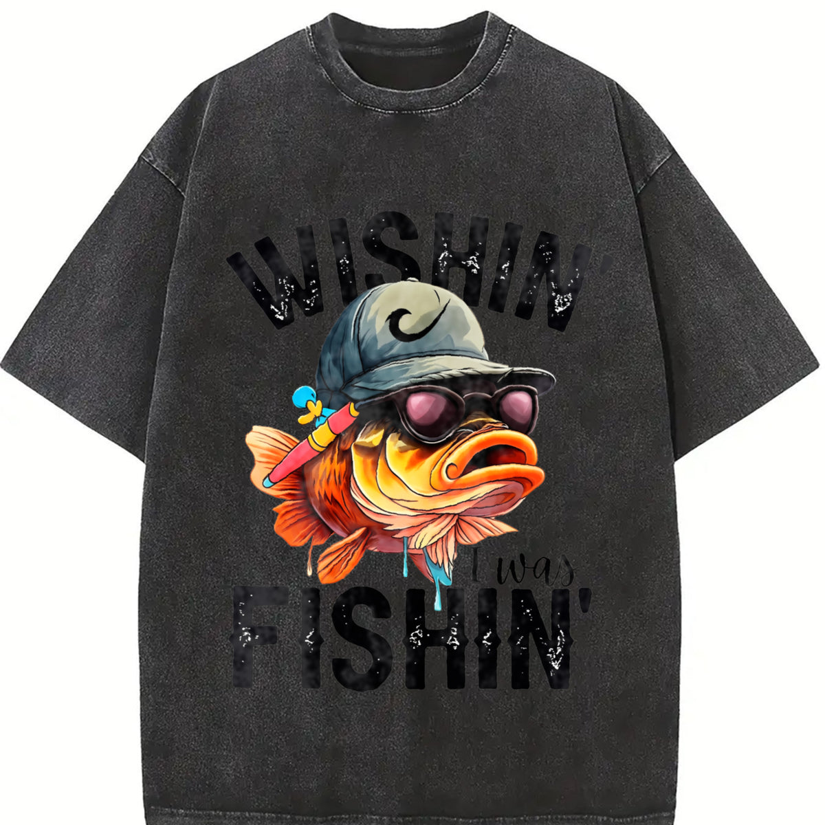 Fishing Tank Outdoor Fisher Workout Vintage Washed T-Shirt in Black