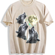 Baby Wolf Howling to Moon 90s Vintage Washed T-Shirt in Beige