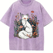Luokeren Retro Floral Fox Vintage Washed T-Shirt in Purple
