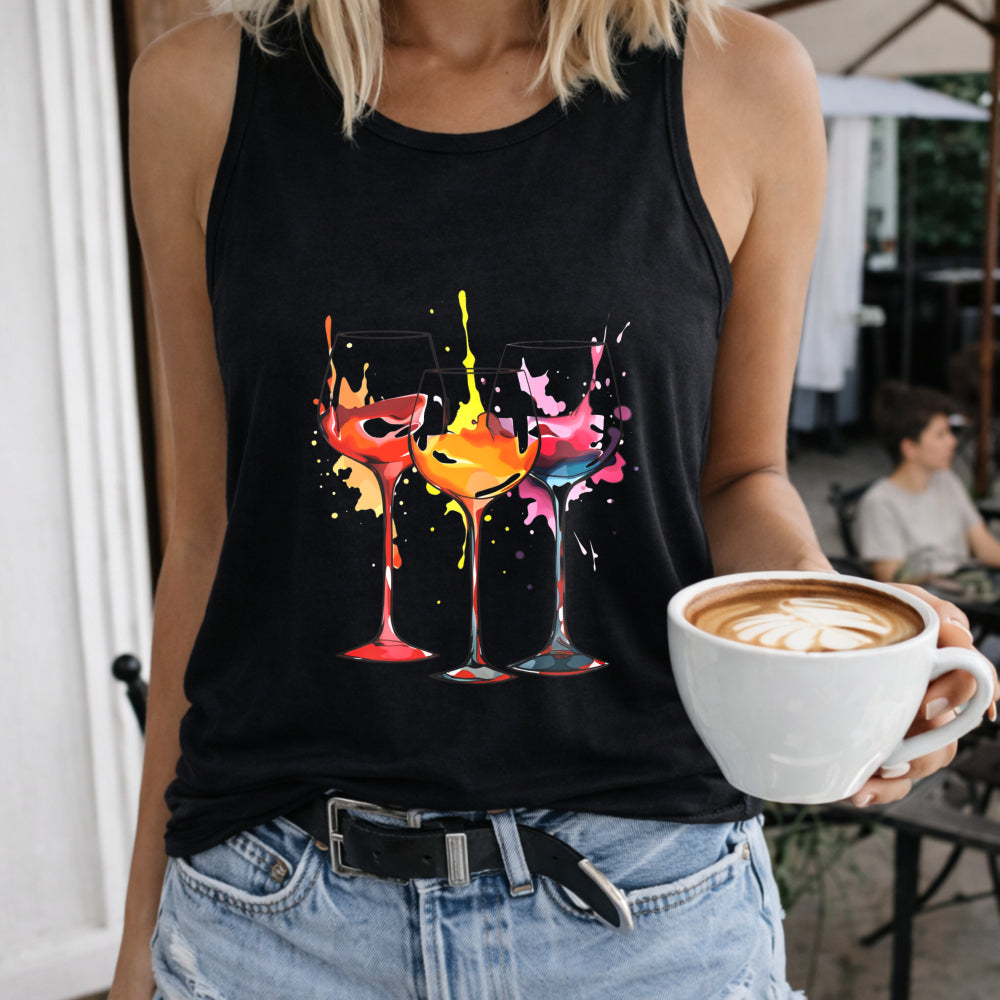 Colorful Wine Glasses Splash Art Crew-neck Sleeveless Vest Women's Color Cotton Tank Top in Black