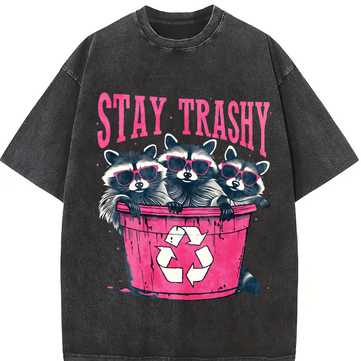 Stay Trashy Black with Pink Raccoon & Bin Vintage Washed T-Shirt in Black