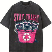 Stay Trashy Black with Pink Raccoon & Bin Vintage Washed T-Shirt in Black