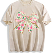Elegant Bow Batik Retro Brand Vintage Washed T-Shirt in Beige