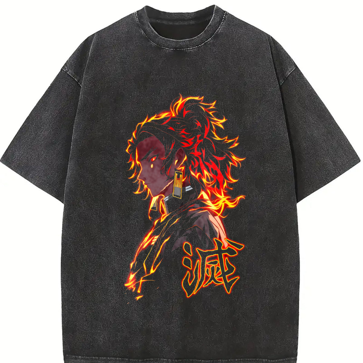Yoriichi Tsugikuni Demon Slayer – Sun Breathing Flame vintage washed oversized T-shirt in Black