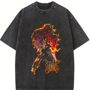 Yoriichi Tsugikuni Demon Slayer – Sun Breathing Flame vintage washed oversized T-shirt in Black