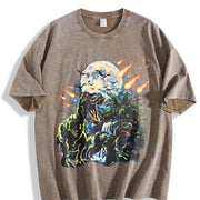 Dinosaur 90s Retro T-rex & Raptor Vintage Washed T-Shirt in Brown