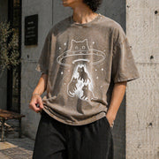 Cat UFO Cute Kitty Space Spaceship Alien Vintage Washed T-Shirt in Brown