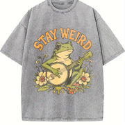 Stay Weird Frog Retro Vintage Washed T-Shirt in Gray