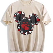 Mickey Inspired Floral Heart Vintage Washed T-Shirt in Beige