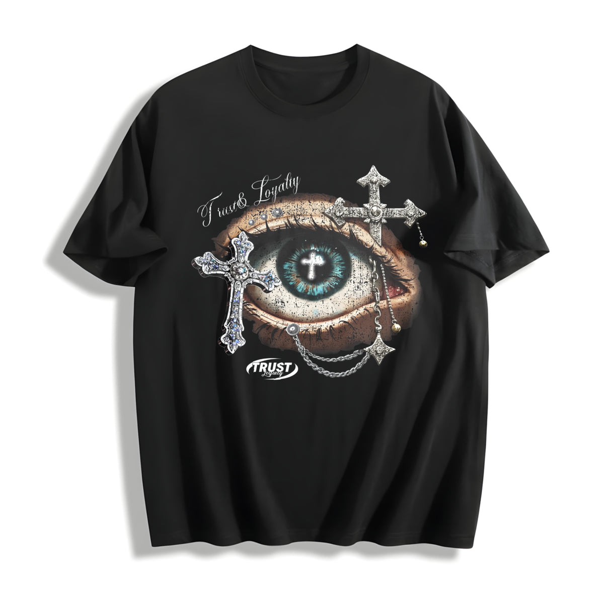 Eye & Cross Gothic Grunge Y2k Emo Scene Amity Affliction Cotton T-Shirt in Black