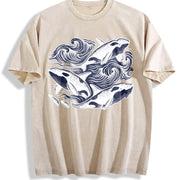Orcas ® Ocean 90s Retro Sea Animals Vintage Washed T-Shirt in Beige