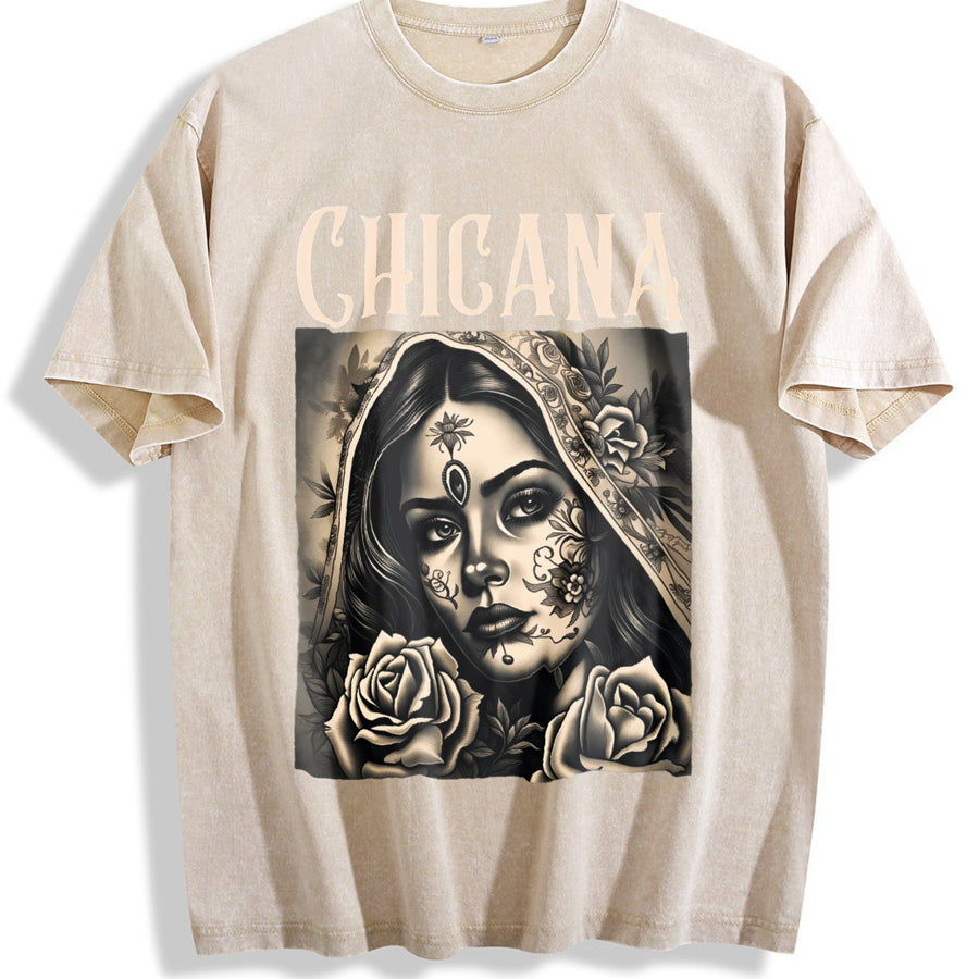 Chicana Chola Style Lowrider Mexican American Latina vintage washed oversized T-shirt in Beige