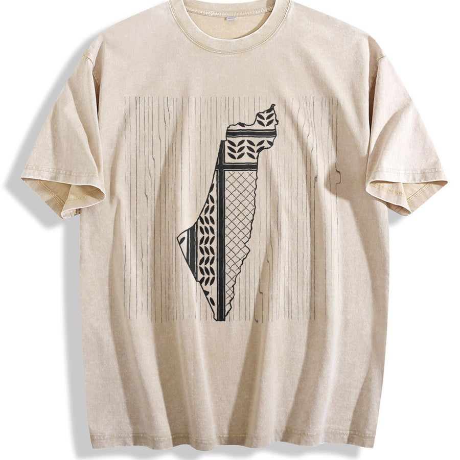 Palestines Symbol of Resistance Beach Palestinians Map vintage washed oversized T-shirt in Beige