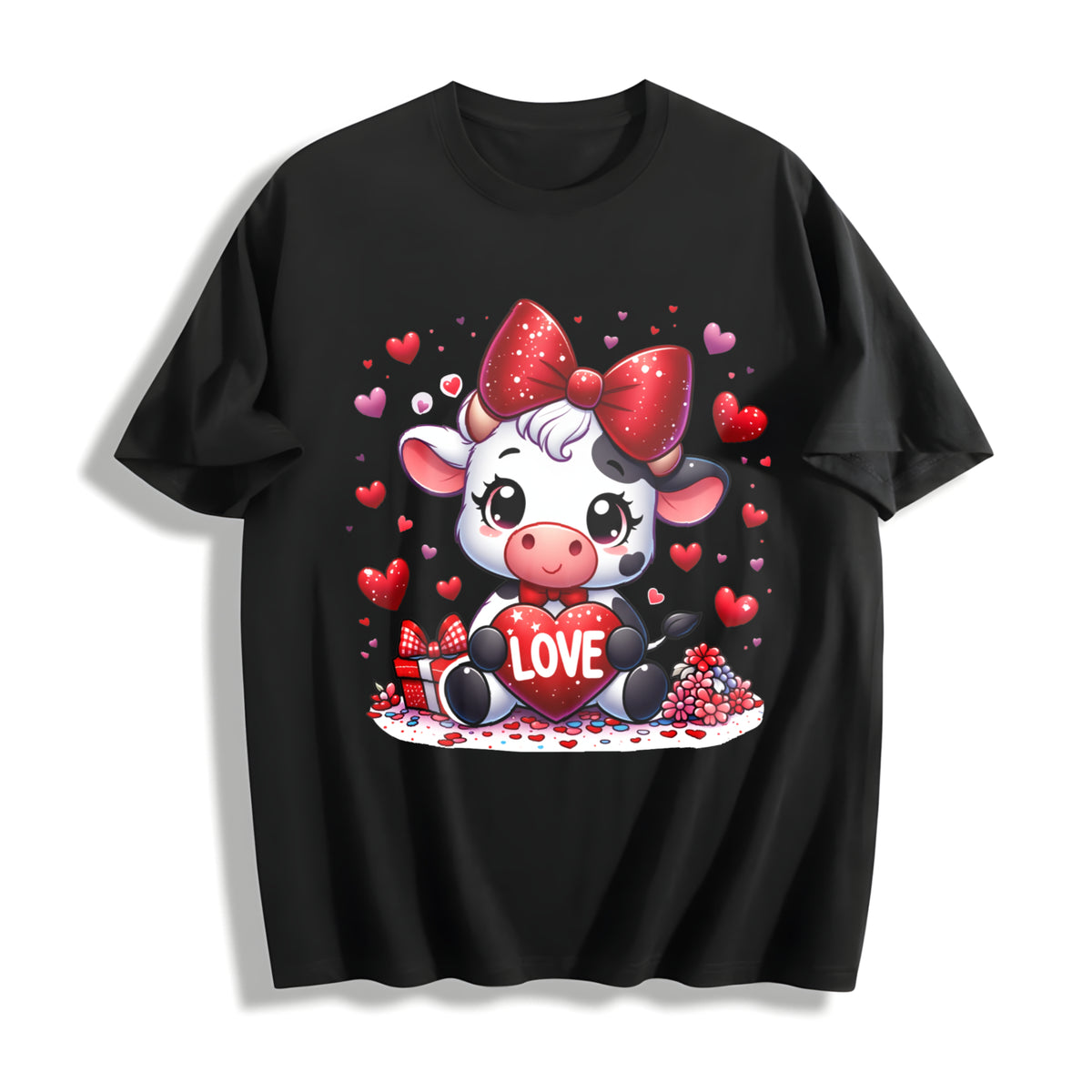Valentine's Day Winter Cow Wearing Diamond Bow LOVE Cotton T-Shirt in Black