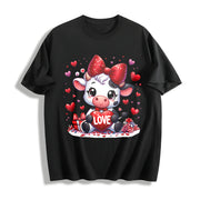 Valentine's Day Winter Cow Wearing Diamond Bow LOVE Cotton T-Shirt in Black