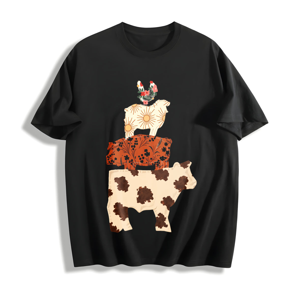 Western Cow Faux Patchwork Hen Pig Lamp Retro Country Cotton T-Shirt in Black
